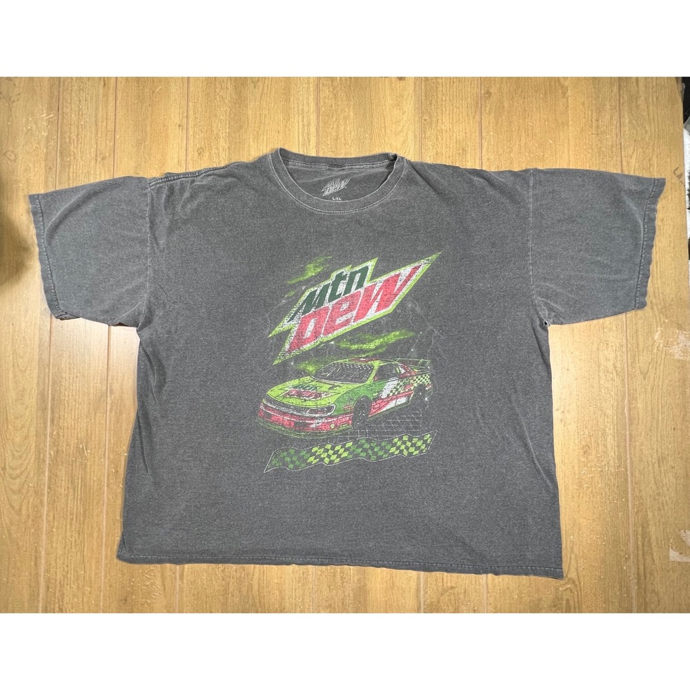 Mountain Dew Racing Graphic T-Shirt Charcoal Grey Faded Cotton Mens L/XL